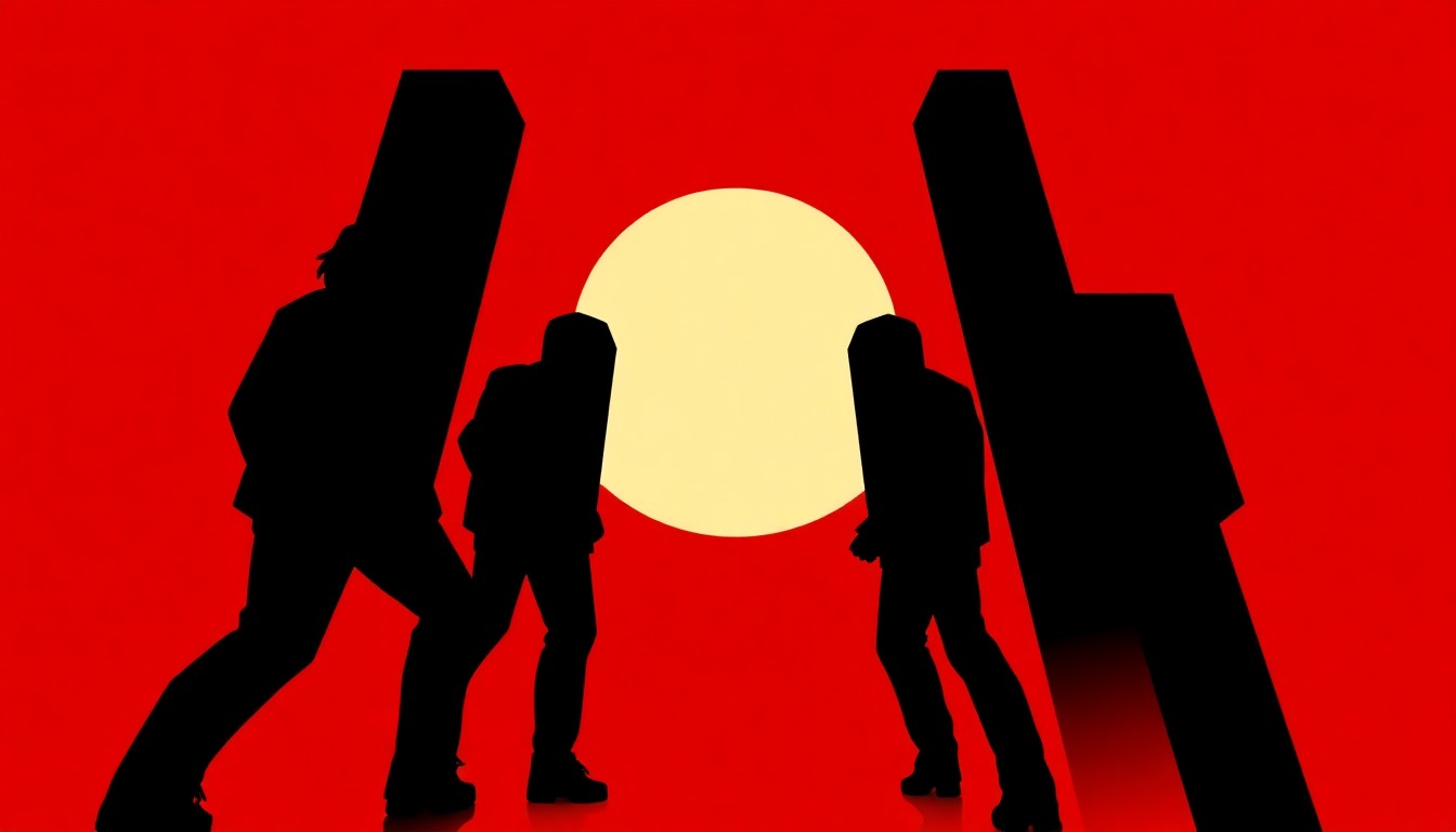 An abstract illustration featuring bold black geometric shapes and silhouettes against a solid red background, conceptually representing the energy and visual style of Detroit techno music.