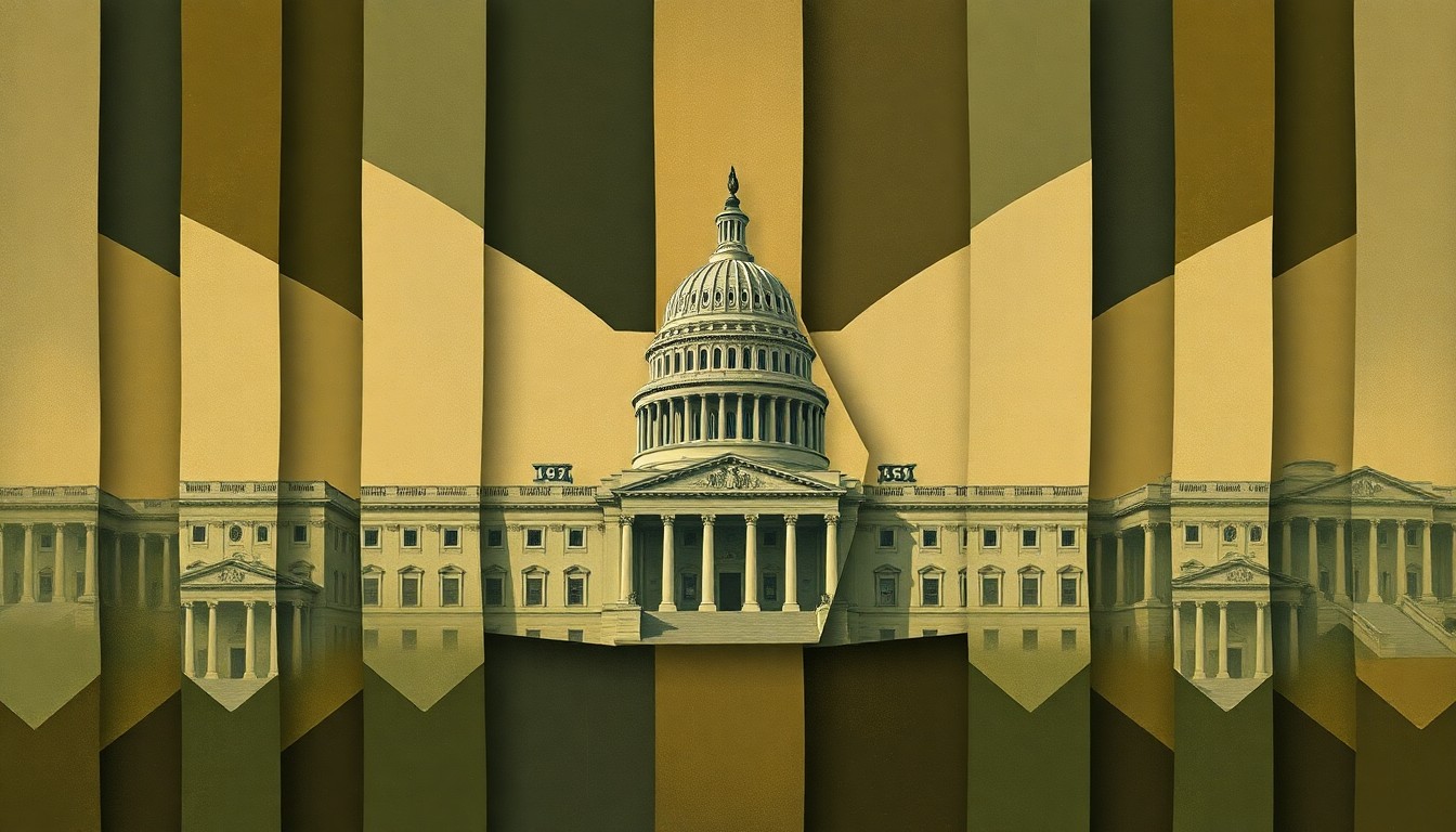 A fractured, abstract painting in muted earth tones depicting a government building or political symbol, conveying the divisive and turbulent nature of the White House's alleged interference in the Indiana state Senate primary.