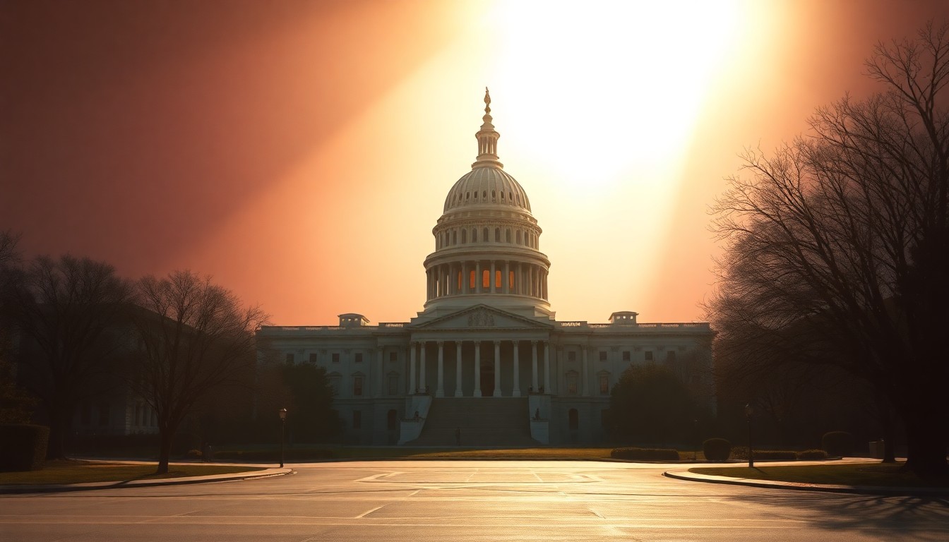 A serene, painterly depiction of the U.S. Capitol building in warm, muted tones, capturing the quiet, contemplative mood of a political campaign.
