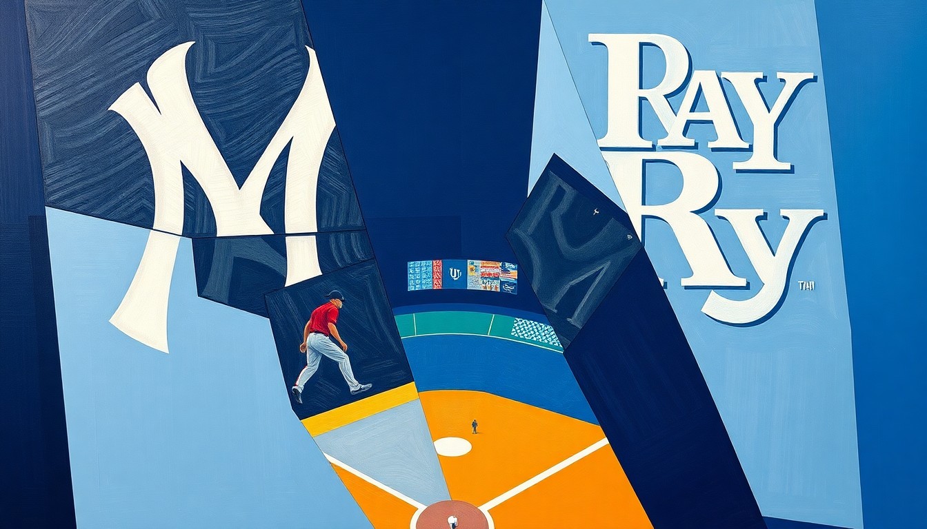 A fractured, geometric painting depicting a baseball game between the New York Yankees and Tampa Bay Rays, with sharp overlapping planes in navy blue, gray, and powder blue hues.