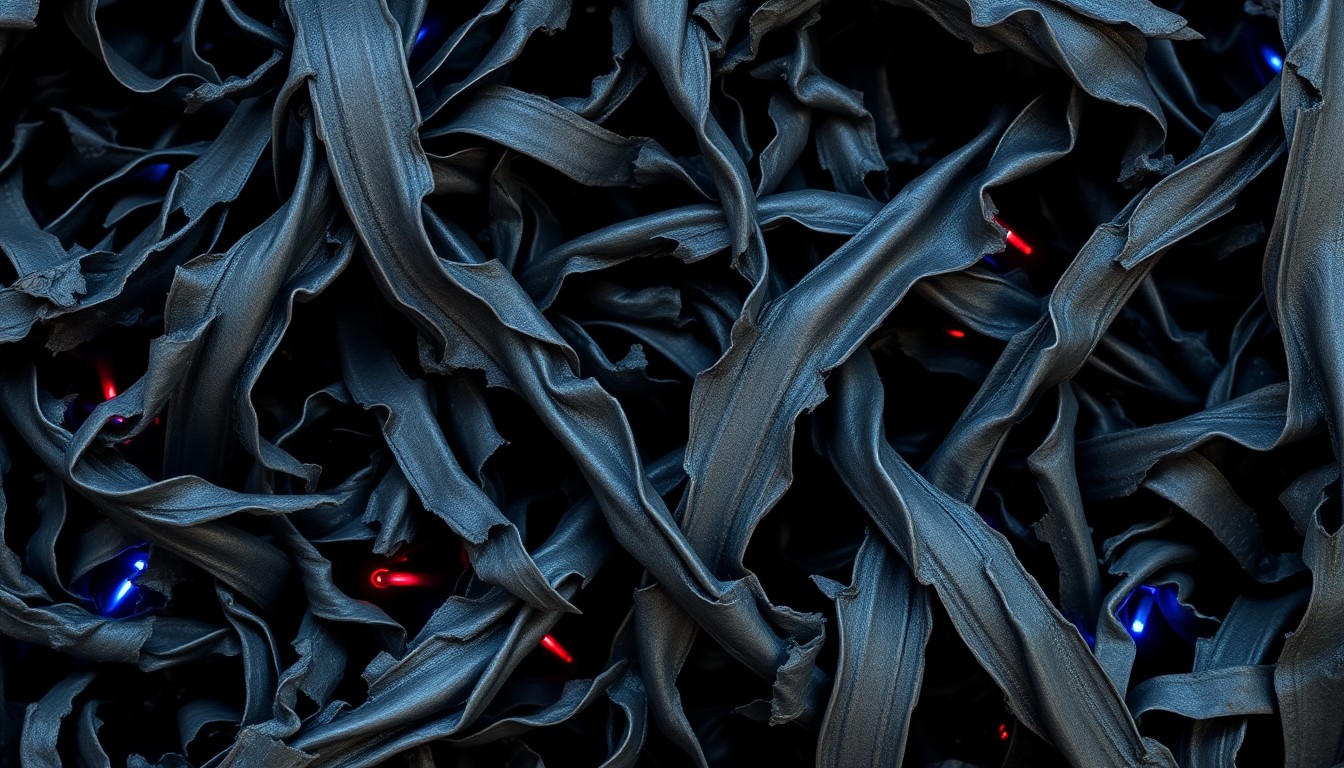 An extreme close-up photograph of twisted, shredded industrial metal textures in dramatic, high-contrast lighting, conceptually representing the raw, minimalist power of the Nine Inch Noize performance.