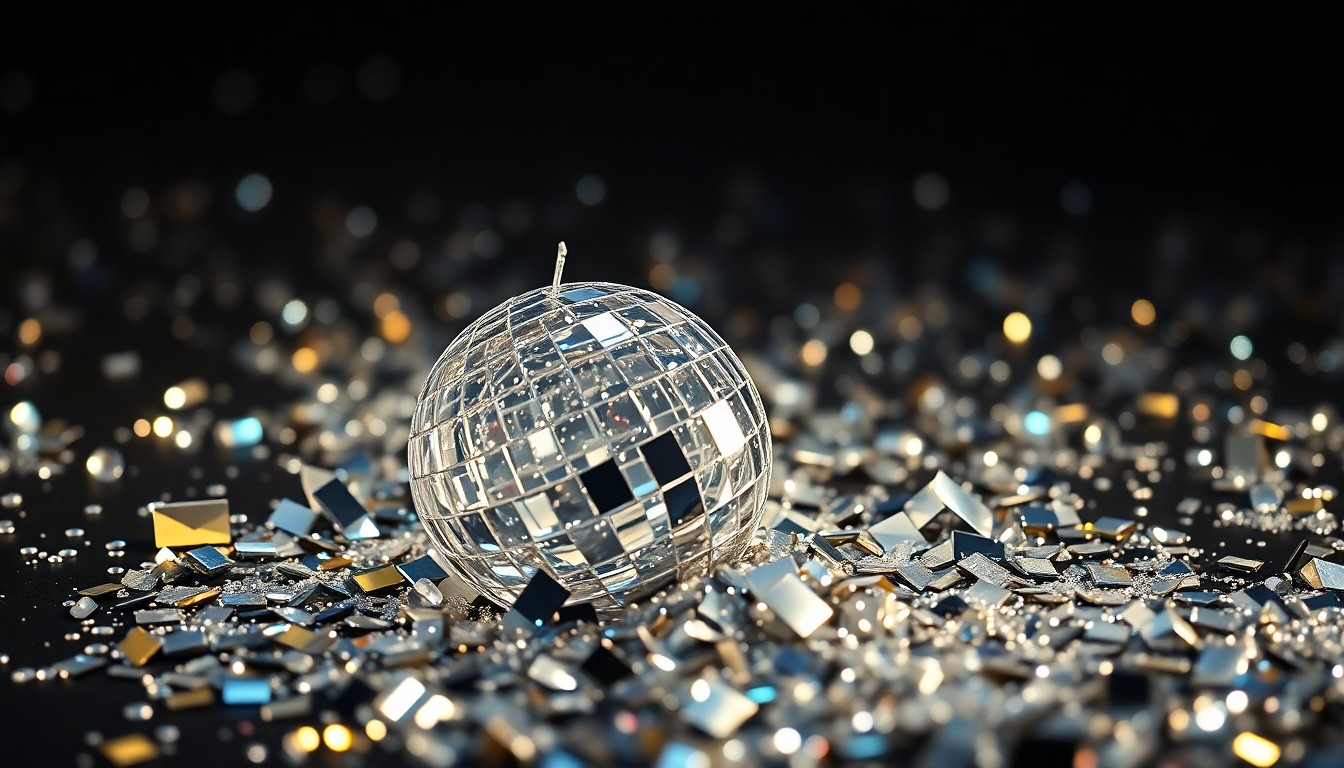 An extreme close-up photograph of shimmering sequins and shattered glass, capturing the high-energy glamour of a major music festival performance.