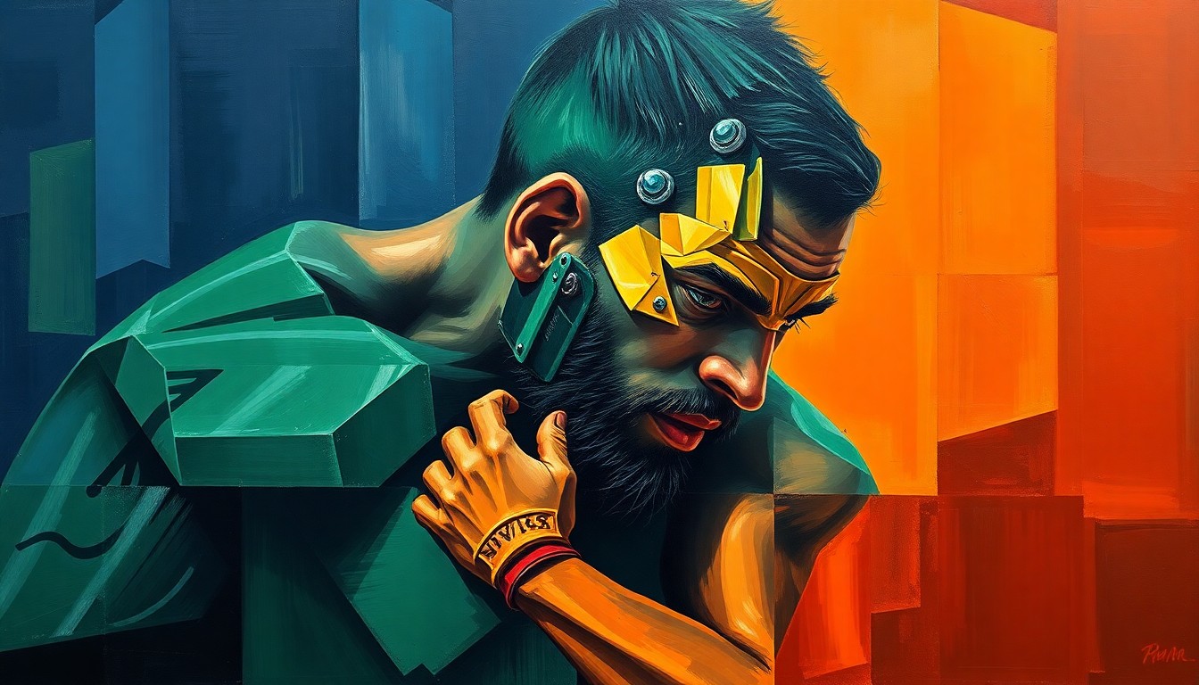 A cubist, geometric painting depicting the explosive movements and power of a wrestler, with sharp, overlapping planes in shades of blue, green, and orange.