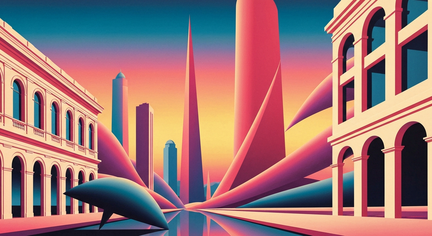 A highly stylized, geometric illustration depicting the exterior of a modern hotel building, with sweeping lines, smooth gradients, and a sense of grand scale and monumentality, capturing the essence of the theWit's design-forward approach to mid-range hospitality.