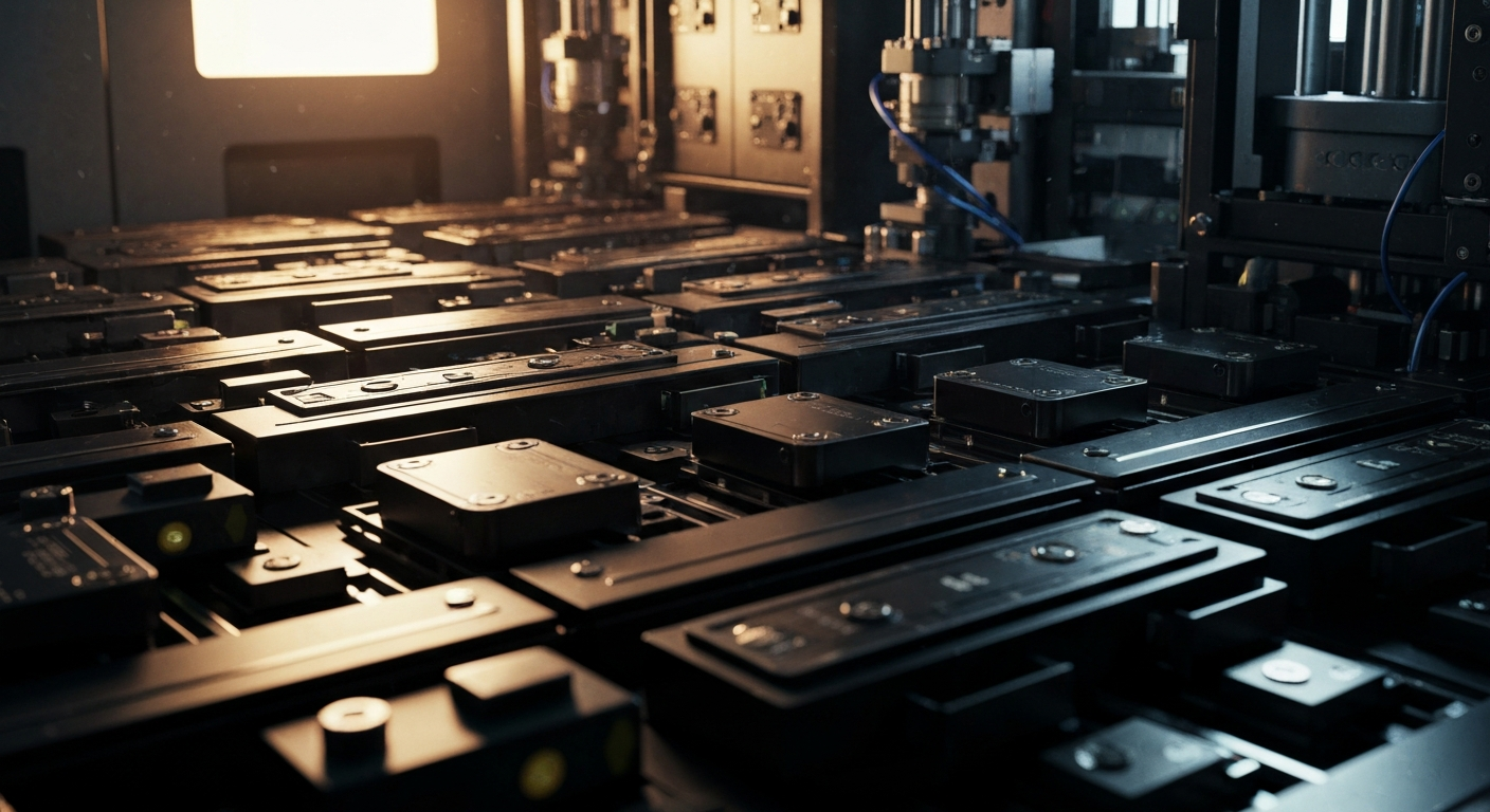 An extreme close-up of complex, heavy machinery used in semiconductor manufacturing, conveying the industrial power and technological sophistication of the global electronics supply chain.