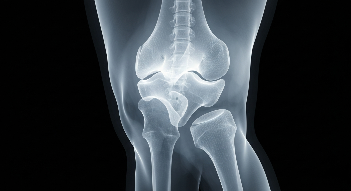 A ghostly, translucent X-ray image of a human knee joint, with glowing white lines tracing the intricate bone and cartilage structures, conceptually representing the internal workings of the body and the clinical yet serene approach to improving patient education and reducing surgical site infections.