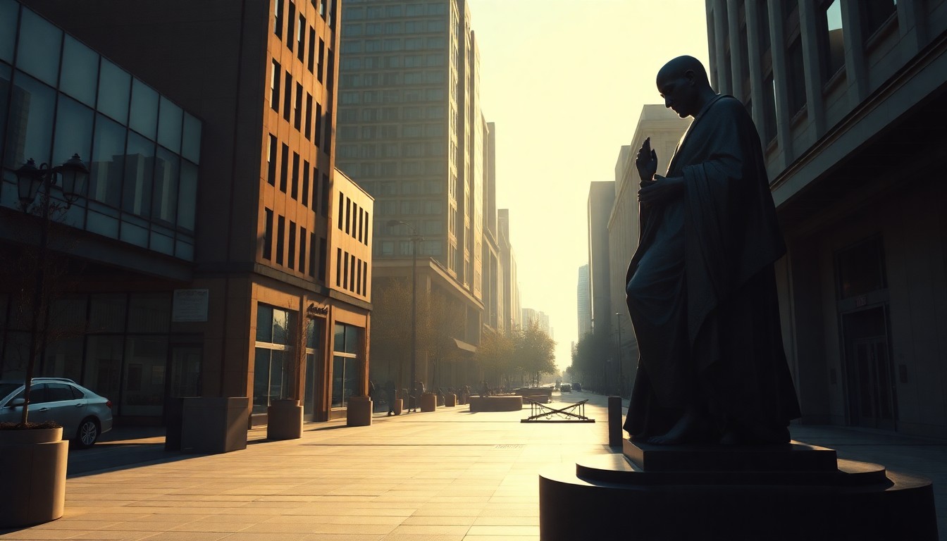 A realistic oil painting depicting the bronze statue of Swami Vivekananda standing in a quiet, sunlit urban plaza, with the Seattle skyline visible in the background. The scene has a contemplative, nostalgic mood with deep shadows and warm lighting.