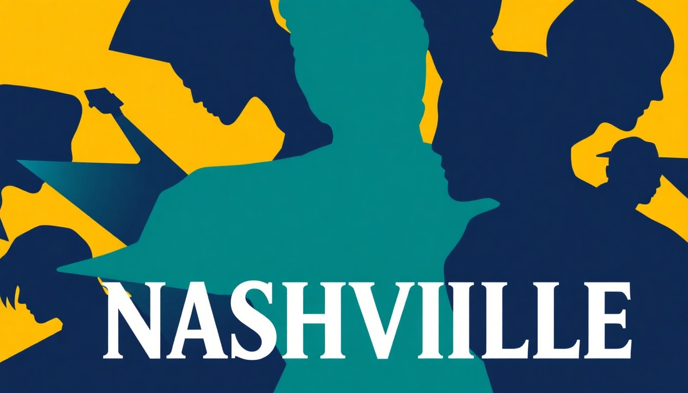 An abstract, minimalist illustration featuring sharp, overlapping silhouettes in navy, teal, and mustard yellow, representing the diverse musical styles and talents emerging from Nashville's vibrant creative community.