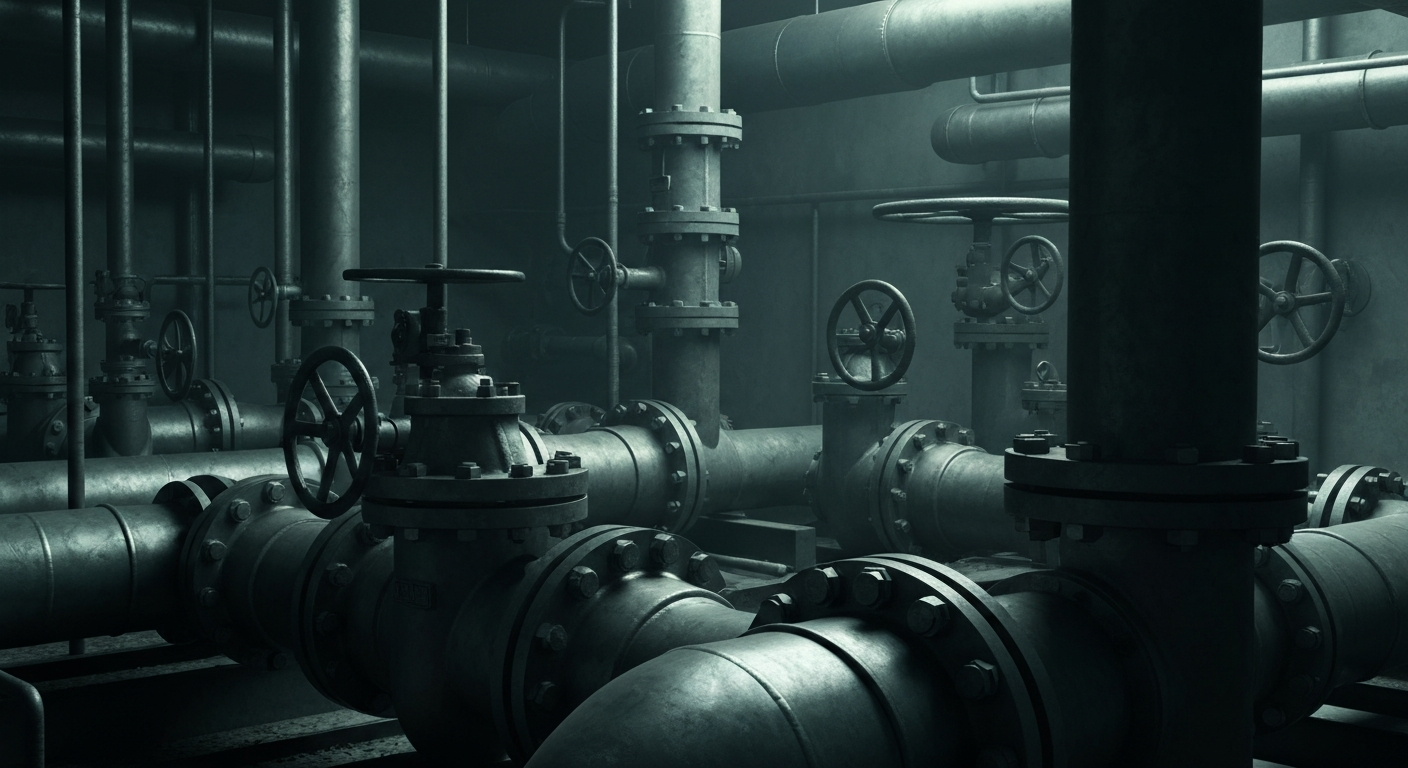 A dramatic, high-contrast close-up of industrial water pipes, valves, and pumps, conveying the scale and technical complexity of Cadiz's water infrastructure projects.
