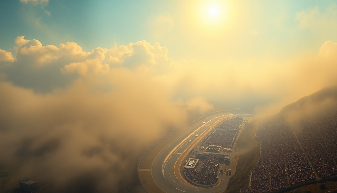 A vast, atmospheric landscape painting depicting the Bristol Motor Speedway surrounded by a hazy, dramatic environment of intense sunlight and heat, dwarfing the racetrack and grandstands with the overwhelming scale of the natural world.