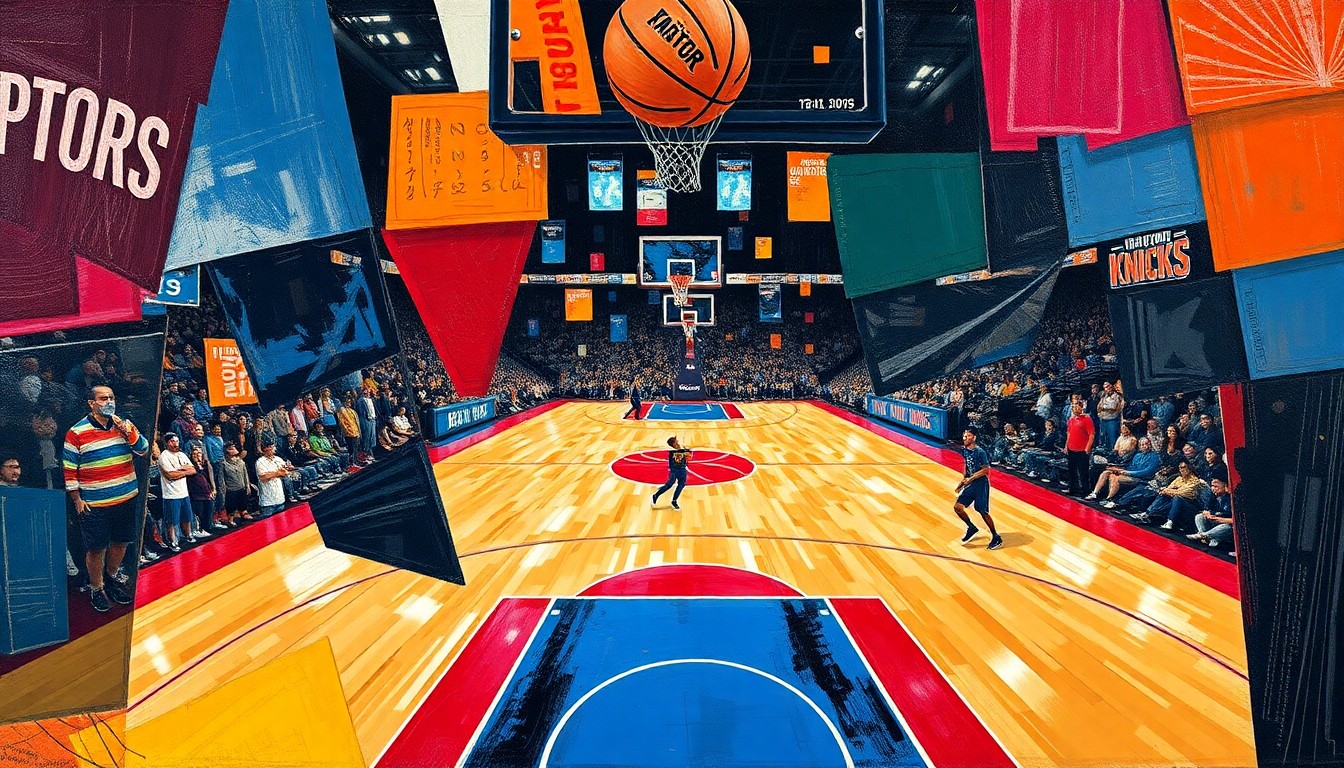 A fragmented, geometric painting depicting a basketball game, with players and the court broken down into sharp, overlapping shapes and planes, conveying the intensity and strategic complexity of the potential Raptors-Knicks playoff series.