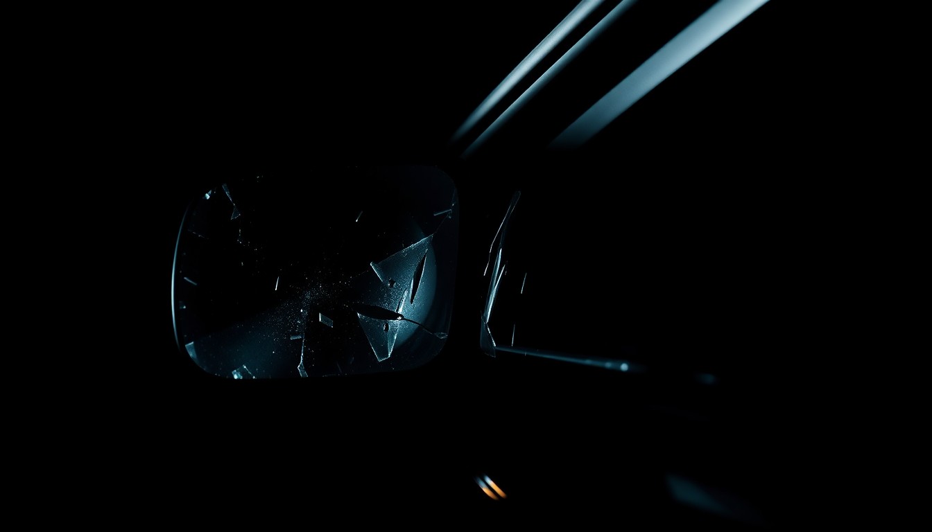 An extreme close-up photograph of a damaged police car side mirror or broken glass from the crash, lit by a harsh, direct camera flash against a pitch-black background, conceptually illustrating the gritty aftermath of the collision.