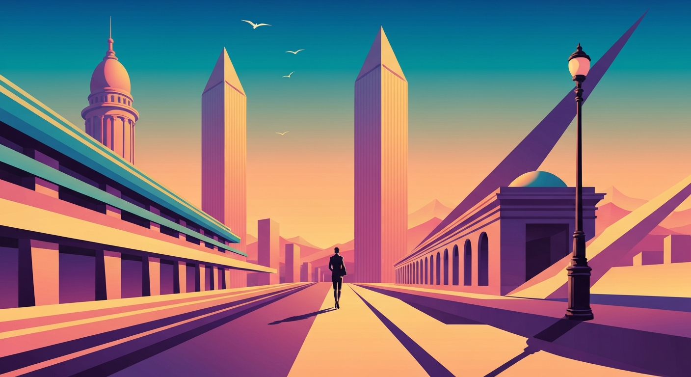 A highly stylized, geometric illustration depicting the grand scale and sweeping vistas of modern travel, with smooth gradients, towering perspectives, and sleek, streamlined forms, conveying the complex emotions and experiences of the current travel landscape.