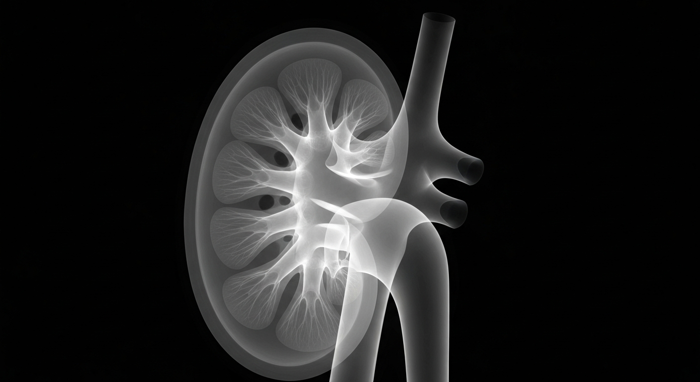 A ghostly, translucent X-ray image of a human kidney, its intricate internal structure visible as glowing lines against a dark background, symbolizing the gift of life.