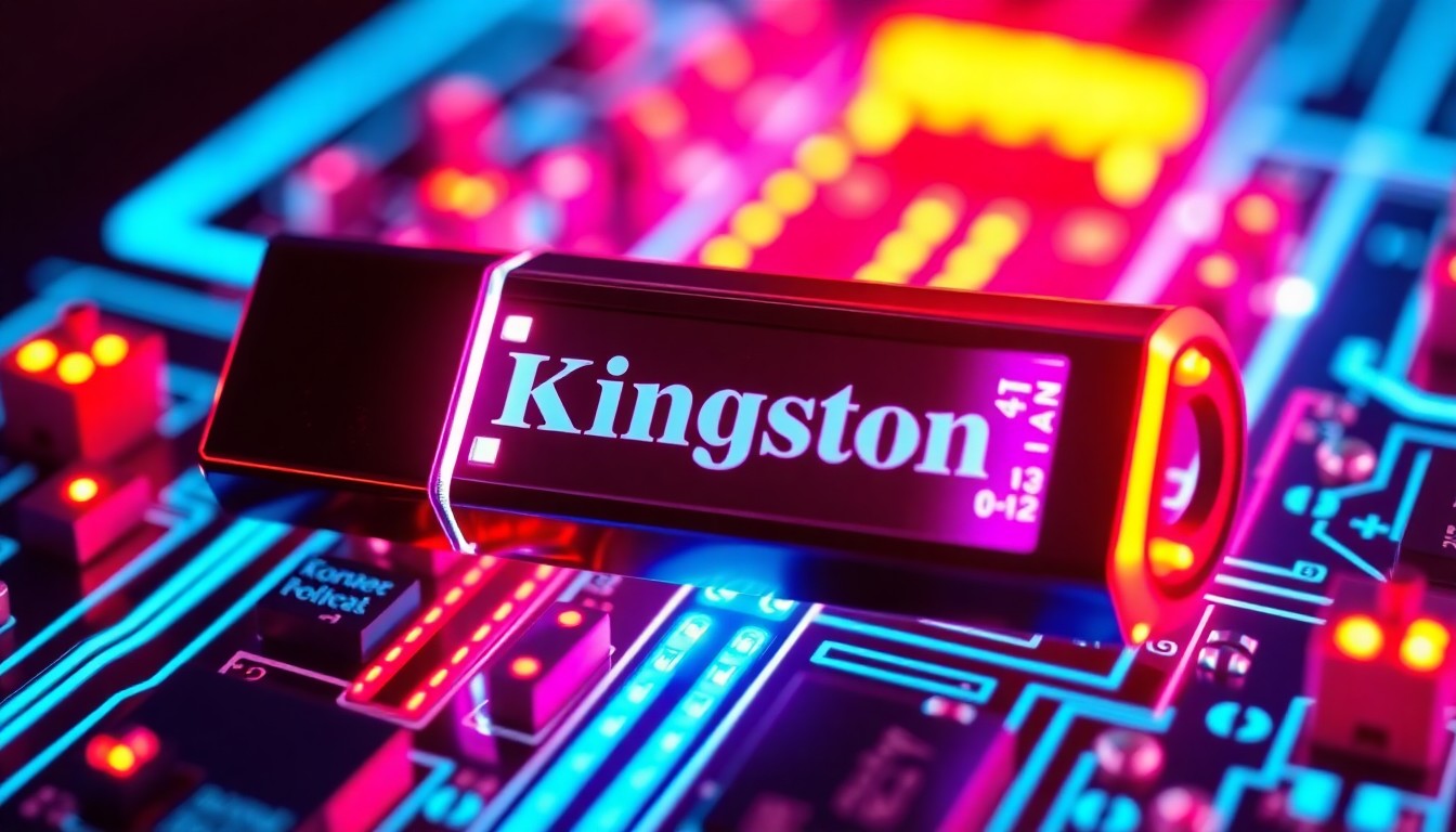 A highly detailed, glowing 3D macro illustration of a Kingston IronKey USB drive, with neon cyan and magenta lights illuminating the device's internal hardware components, conceptually representing the advanced encryption technology within.