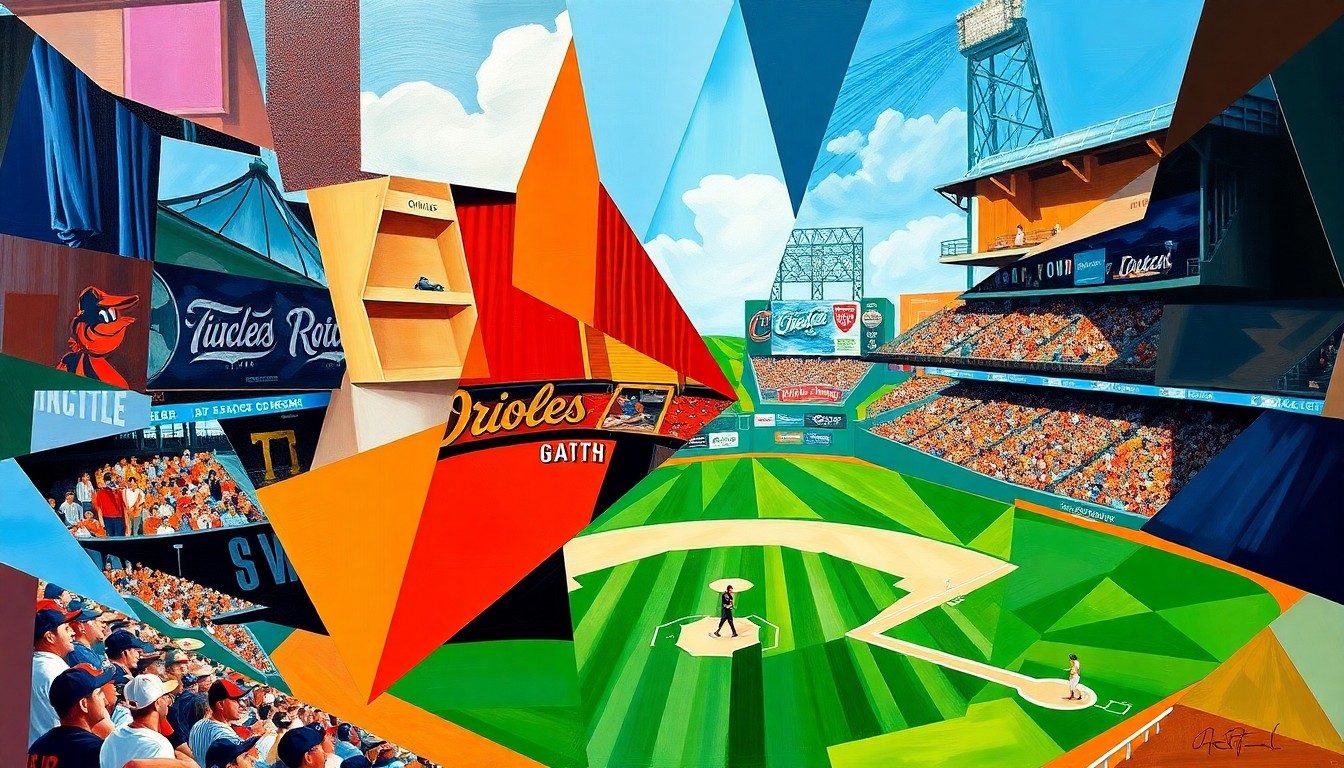 A fractured, geometric painting depicting a baseball game in progress, with sharp, overlapping planes of color representing the dynamic action on the field.