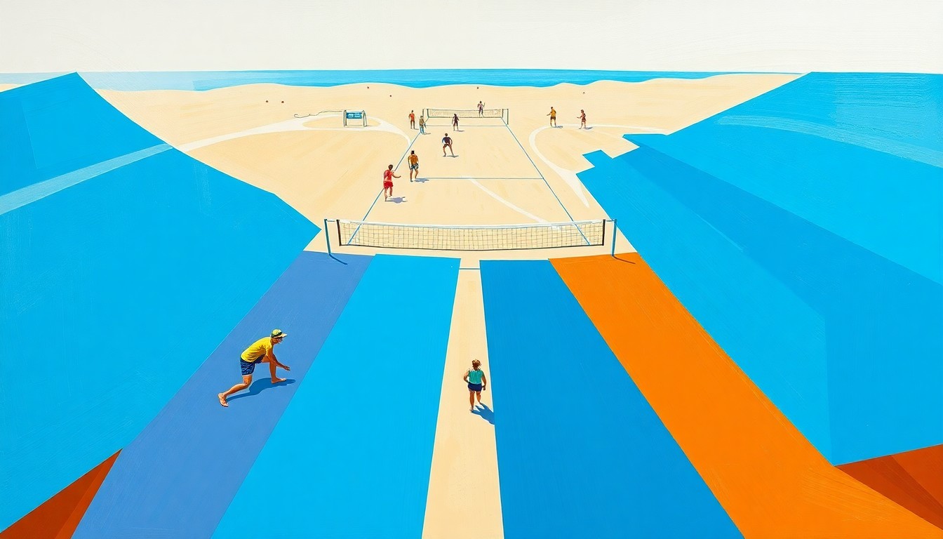A fractured, geometric painting depicting the beach volleyball match between Stanford and Cal Poly, with overlapping planes of color and form representing the dynamic action and competitive energy of the event.
