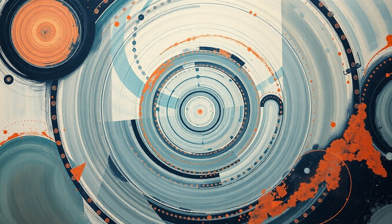 An abstract painting in soft, flat colors featuring sweeping geometric arcs, concentric circles, and precise spirals, representing the complex forces and concepts involved in the Artemis II mission's reentry into Earth's atmosphere.