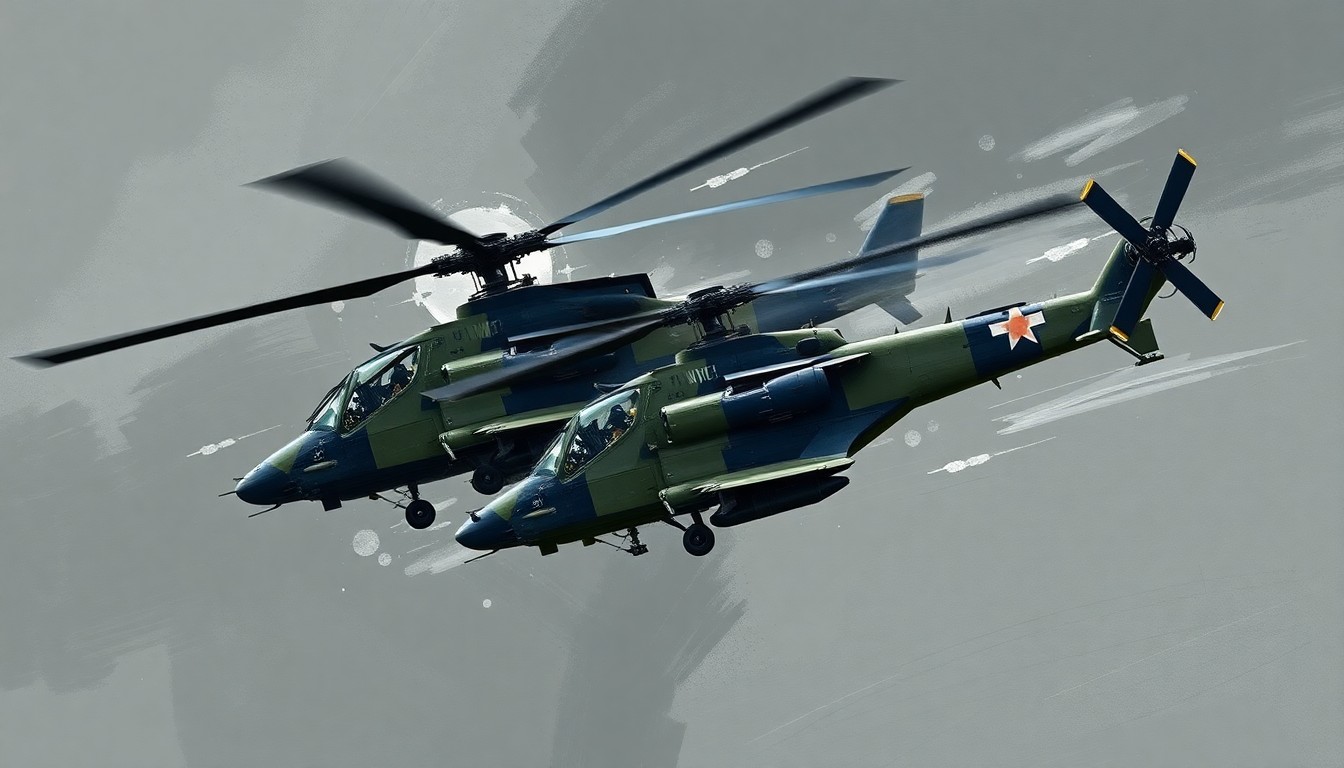 A dynamic, abstract painting depicting two overlapping Apache attack helicopters in flight, with fractured, geometric shapes and bold, contrasting colors, conceptually representing the complex relationship between the military, politics, and celebrity culture.