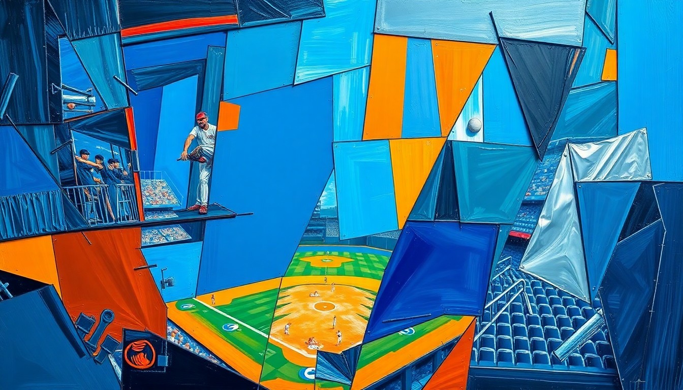 A cubist, geometric painting depicting a baseball game or match, with sharp, overlapping planes of color in a vibrant palette, conceptually representing the complex financial dynamics in the sport.