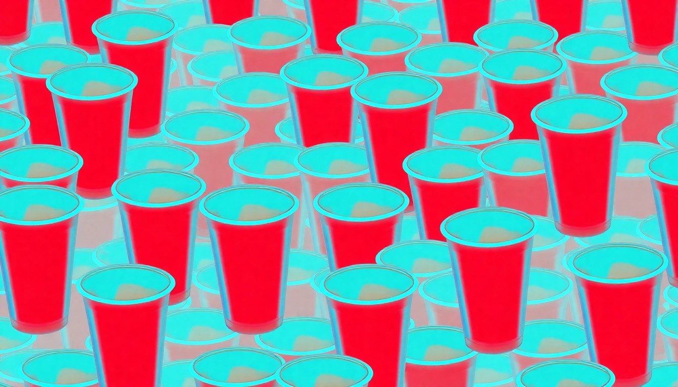 A brightly colored, high-contrast silkscreen print of a red solo cup repeated in a tight grid pattern, representing the iconic imagery of college party culture in a vibrant, pop art style.