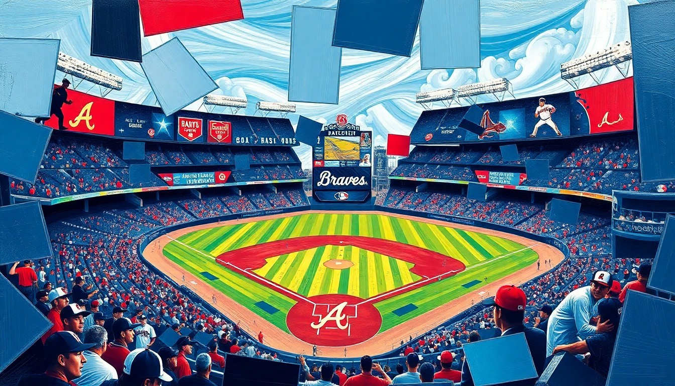 A fractured, cubist-style painting depicting a Braves baseball game, with sharp geometric shapes and planes in the team's official colors of navy blue, red, and white, capturing the dynamic energy and potential of the team's strong start to the season.