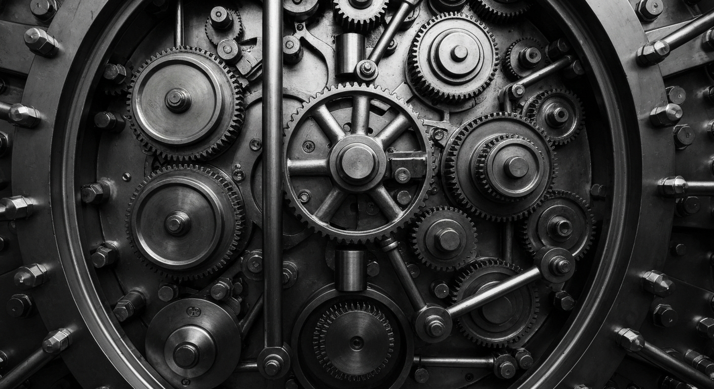 An extreme close-up of a complex network of gears, levers, and metal components that make up the inner workings of a large, industrial banking vault or safe, captured in a high-contrast, cinematic style that conveys a sense of power, security, and institutional strength.