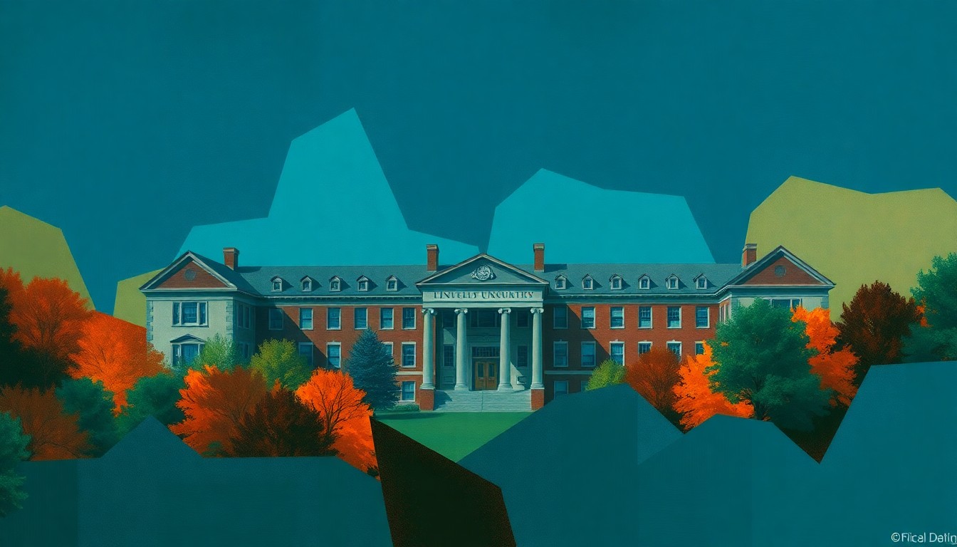 A dynamic, abstract painting featuring overlapping geometric shapes and brushstrokes in shades of blue, green, and orange, conceptually representing the complex tensions surrounding DEI policies in higher education.