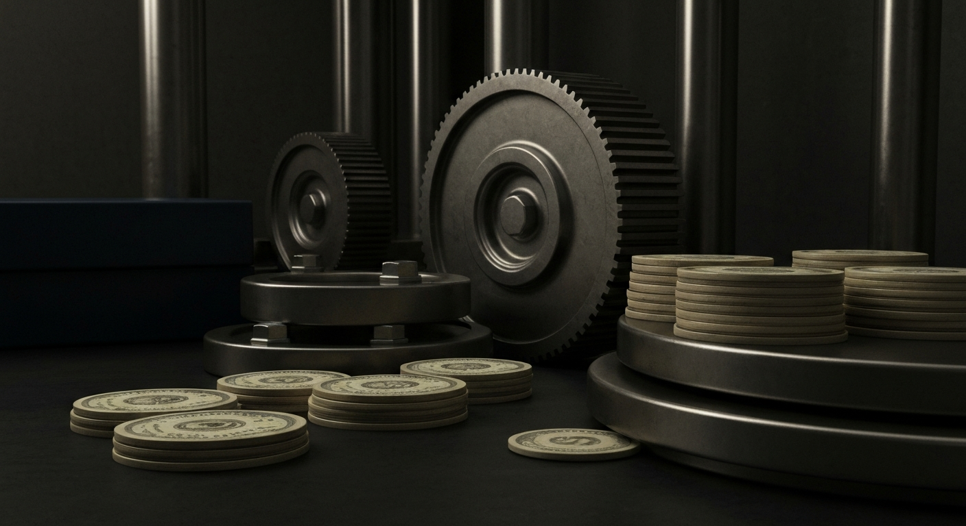 An extreme close-up of intricate gears, levers, and machinery in a banking or financial institution, conveying a sense of power, security, and the unseen workings of the economy.