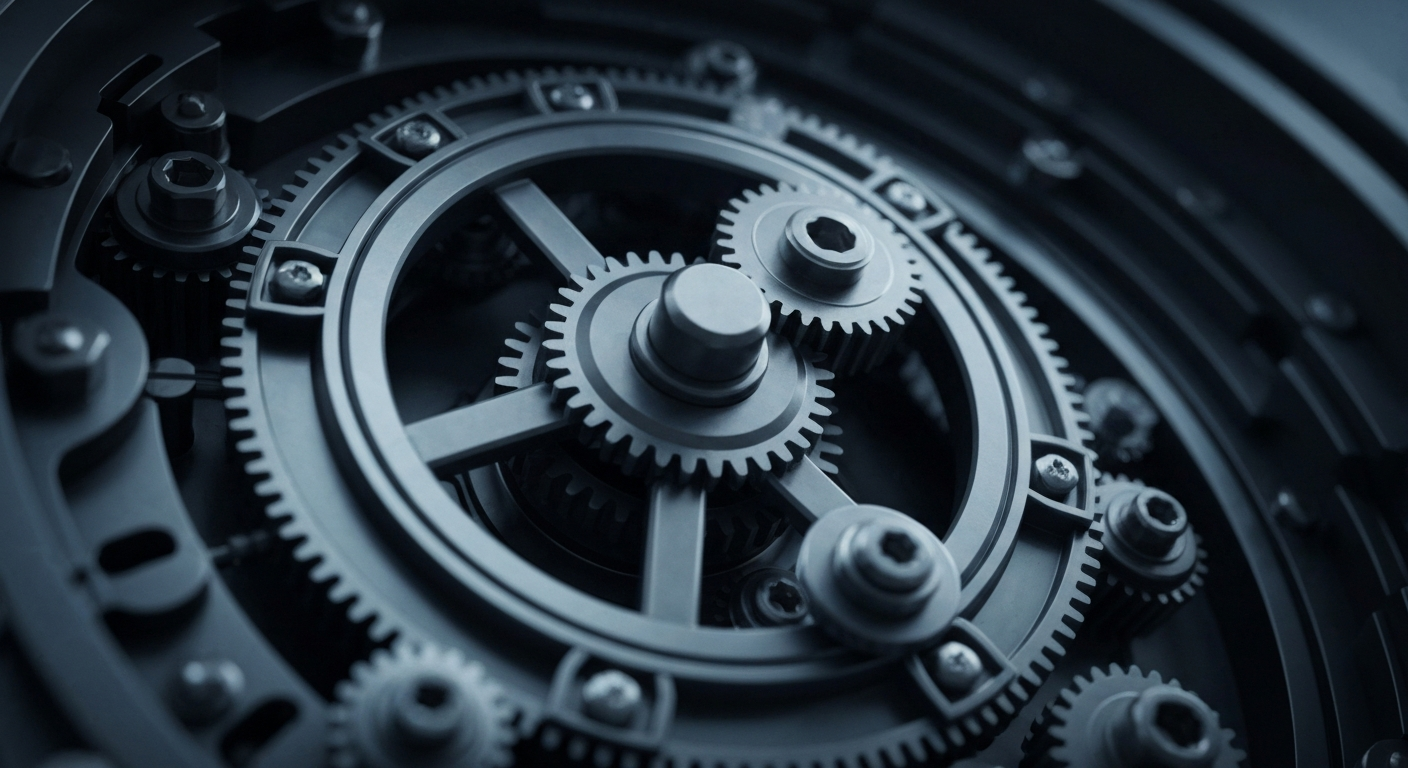 A highly detailed, cinematic close-up image of the gears, levers, and mechanisms of a sophisticated financial instrument, conveying a sense of the intricate infrastructure that powers the global financial system.