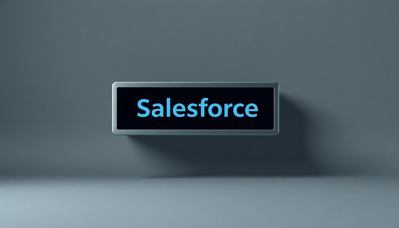 A photorealistic studio still life featuring a polished metal stock ticker display with the Salesforce logo, floating on a clean, monochromatic grey background. The dramatic studio lighting casts deep shadows, symbolizing the abstract corporate strategy and market forces impacting the CRM provider's stock performance.