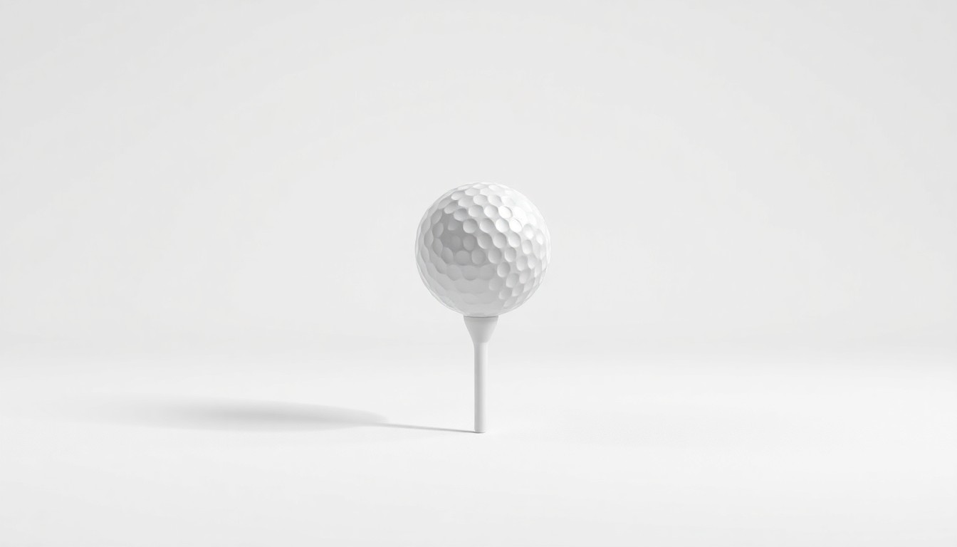 A minimalist, photorealistic studio still-life image featuring a polished, geometric golf ball and tee floating on a clean, monochromatic background, symbolizing the abstract concept of the sale of the Canberra Fairbairn Golf Course and the broader Defence estate overhaul.