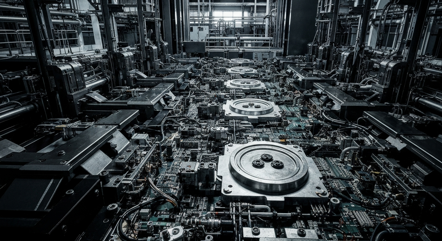 A high-contrast, close-up image of the intricate machinery and components that make up a high-tech semiconductor facility, conveying the industrial scale and technical complexity behind Qualcomm's wireless innovations.