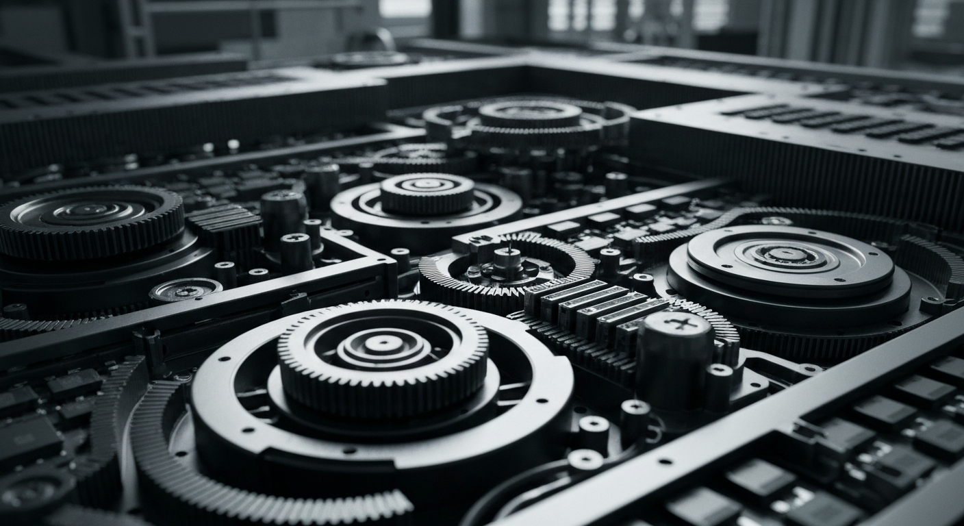 An extreme close-up of the intricate mechanical and electronic components that make up the machinery used in semiconductor fabrication, rendered in a high-contrast, industrial style that emphasizes the scale and complexity of the technology powering the semiconductor industry.