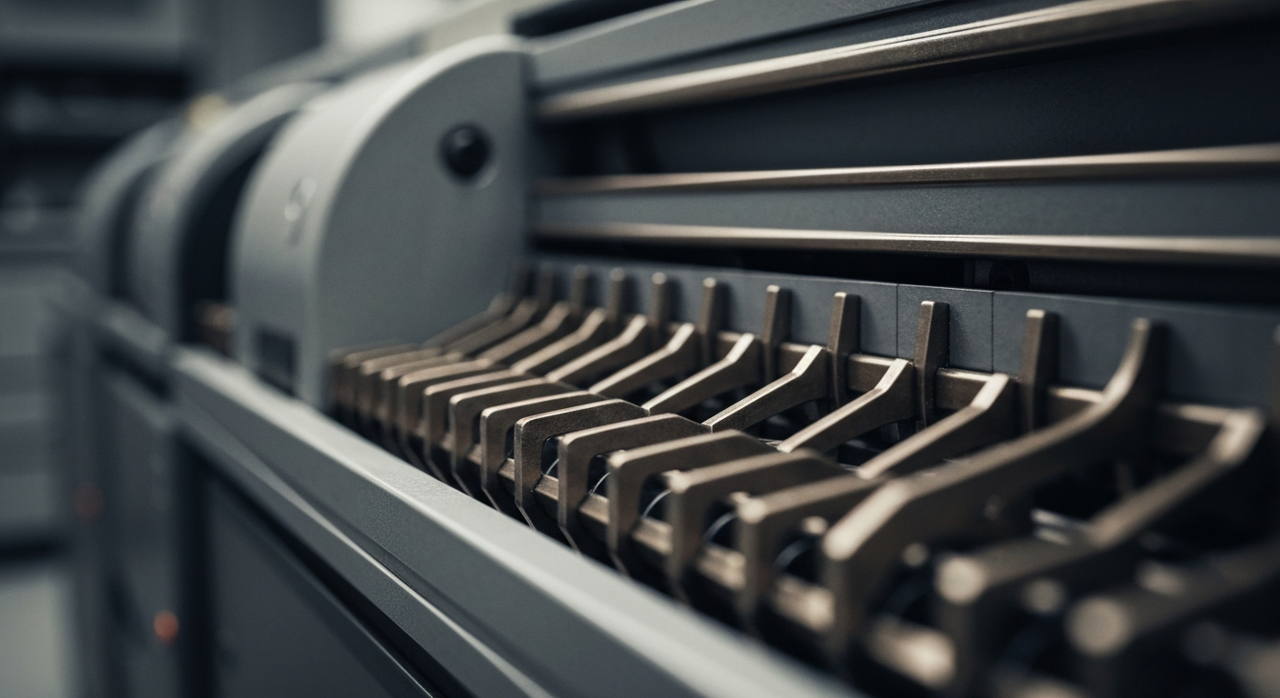 An extreme close-up of intricate, industrial-looking financial machinery and equipment, conveying the complex nature of institutional investing in the biotech sector.