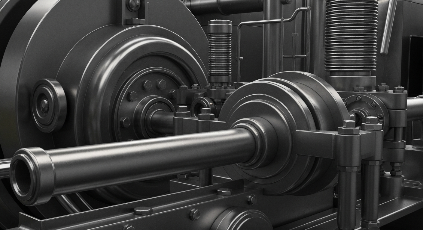 A dramatic, high-contrast close-up of the gears, valves, and other heavy industrial components that make up the physical infrastructure of a renewable energy facility, conveying a sense of the scale and technical complexity of the sector.