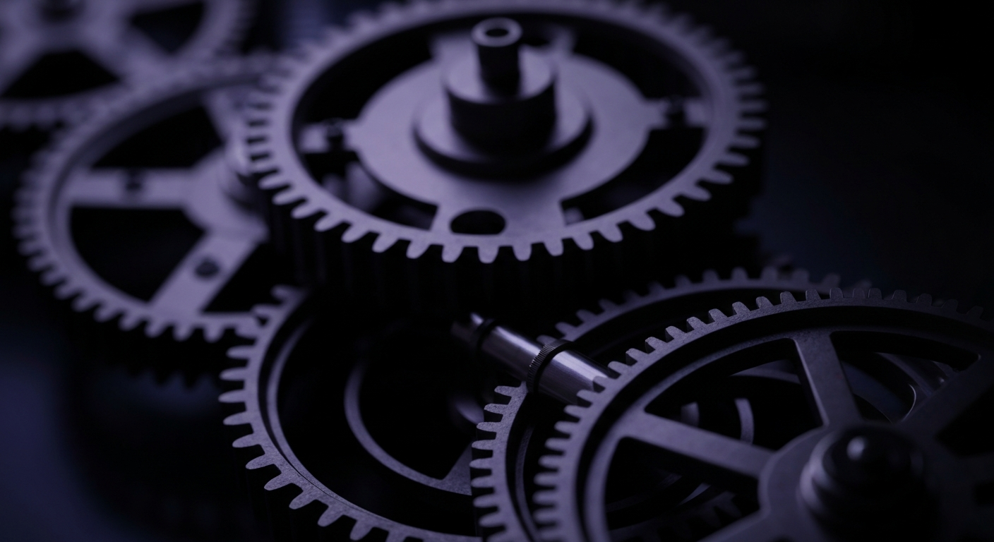 An extreme close-up of complex, interlocking metal gears and machinery, representing the financial infrastructure and institutional investment behind a major pharmaceutical company.
