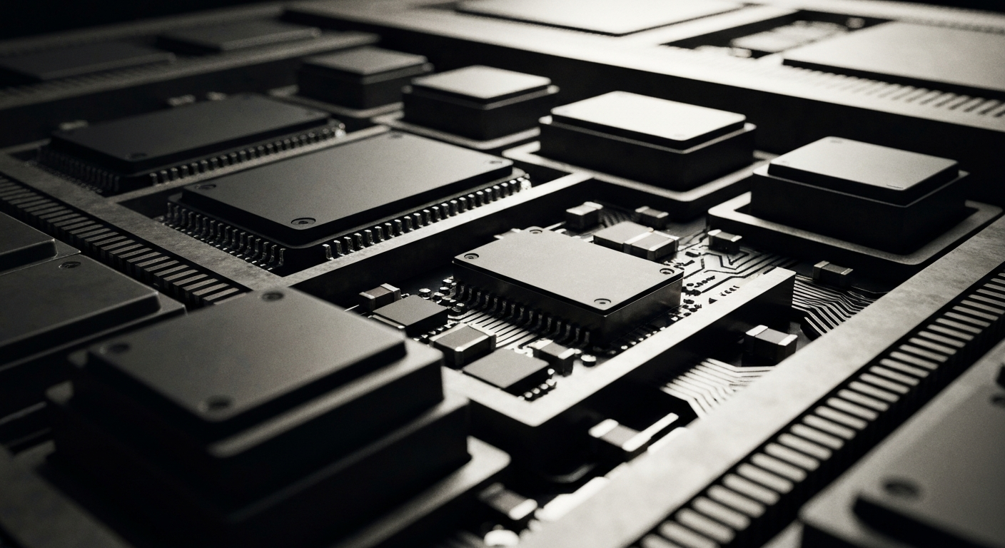 A close-up image of the intricate inner workings of a computer chip, rendered in a gritty, industrial style with a focus on the complex machinery and components that power modern semiconductor technology.