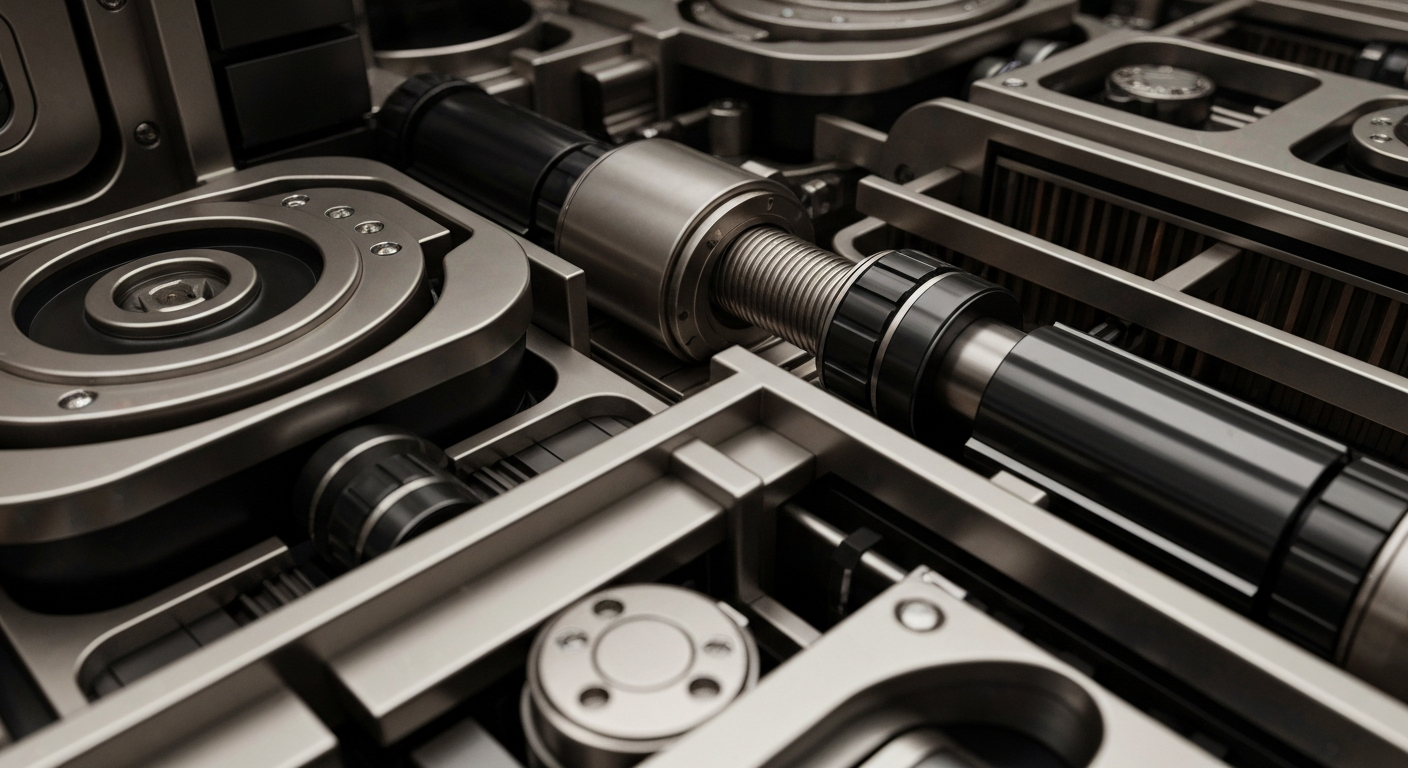 An extreme close-up of highly detailed, textured industrial banking equipment and components in shades of grey, bronze, and black, conceptually representing the complex financial infrastructure and institutional wealth management surrounding a major technology company.