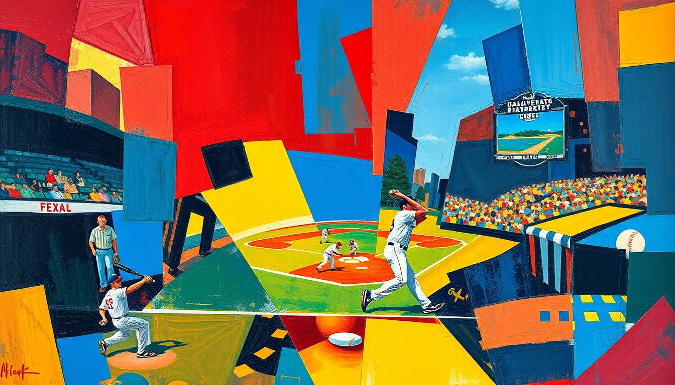 A cubist, geometric painting depicting a baseball player in motion, with sharp, overlapping planes of color representing the fractured perspectives of the game.