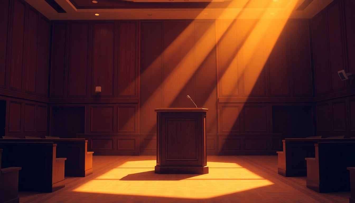 A dimly lit, cinematic painting of a solitary podium in a city council chamber, with warm diagonal sunlight and deep shadows creating a contemplative, nostalgic mood.