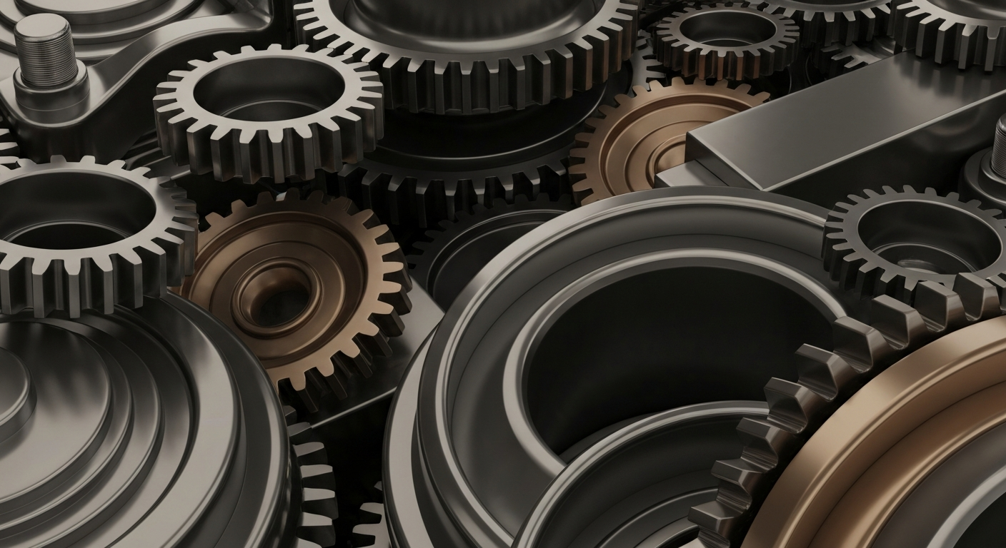 An extreme close-up of intricate, metallic banking machinery and gears in shades of grey, bronze, and black, conceptually representing the institutional power and financial infrastructure of the healthcare industry.