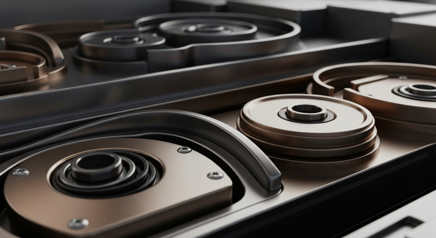 A highly detailed, cinematic macro photograph of gleaming, heavy-duty banking equipment and mechanical components in shades of steel, bronze, and black, representing the secure, institutional nature of global finance and investment.