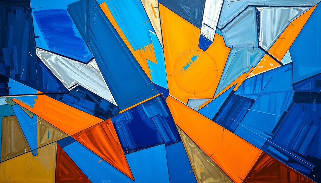 A cubist, geometric painting depicting a fragmented basketball court scene, with players and the ball broken down into sharp, overlapping shapes and planes in a vibrant color palette.