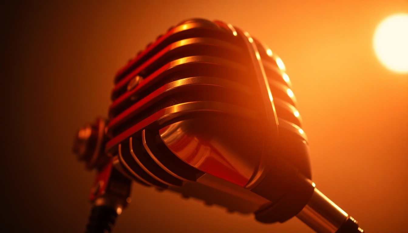 An extreme close-up of a vintage radio microphone, its metallic surface reflecting dramatic studio lighting in a high-contrast, abstract composition that evokes the glamour and nostalgia of classic radio equipment.