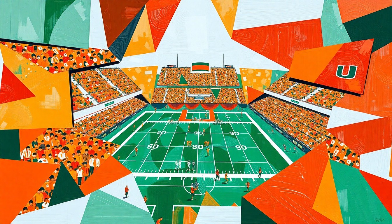 A fractured, cubist-style painting depicting a Miami Hurricanes football game, with sharp geometric shapes and planes in the team's colors of orange, green, and white, conveying the energy and complexity of the sport.