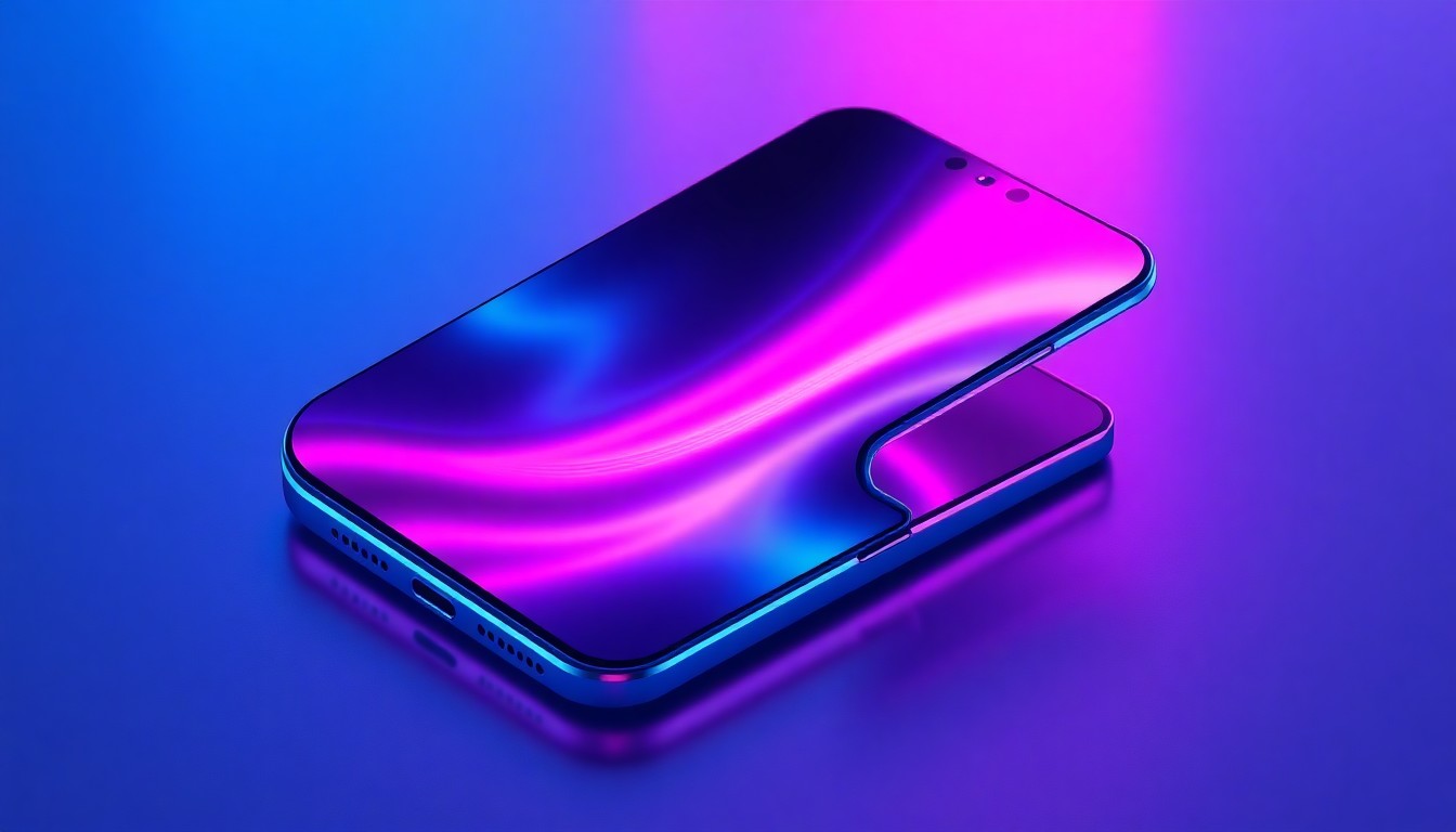 A highly detailed, glowing 3D illustration of a futuristic, foldable smartphone device with a seamless, creaseless display, illuminated by neon cyan and magenta lights to represent the advanced technology behind this breakthrough in foldable screen design.