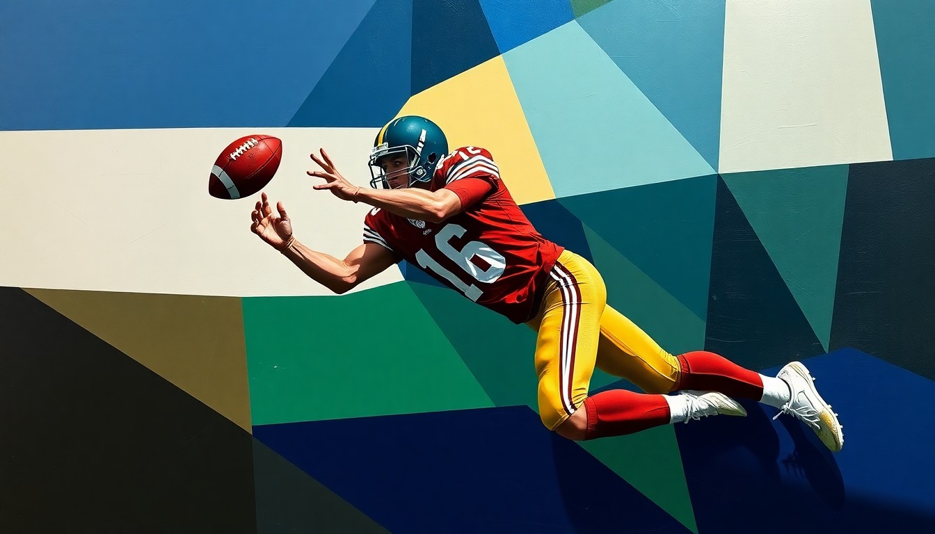 A fragmented, geometric painting depicting a football player making a diagonal catch, with sharp planes of navy, green, and orange overlapping to create a dynamic, abstract composition.