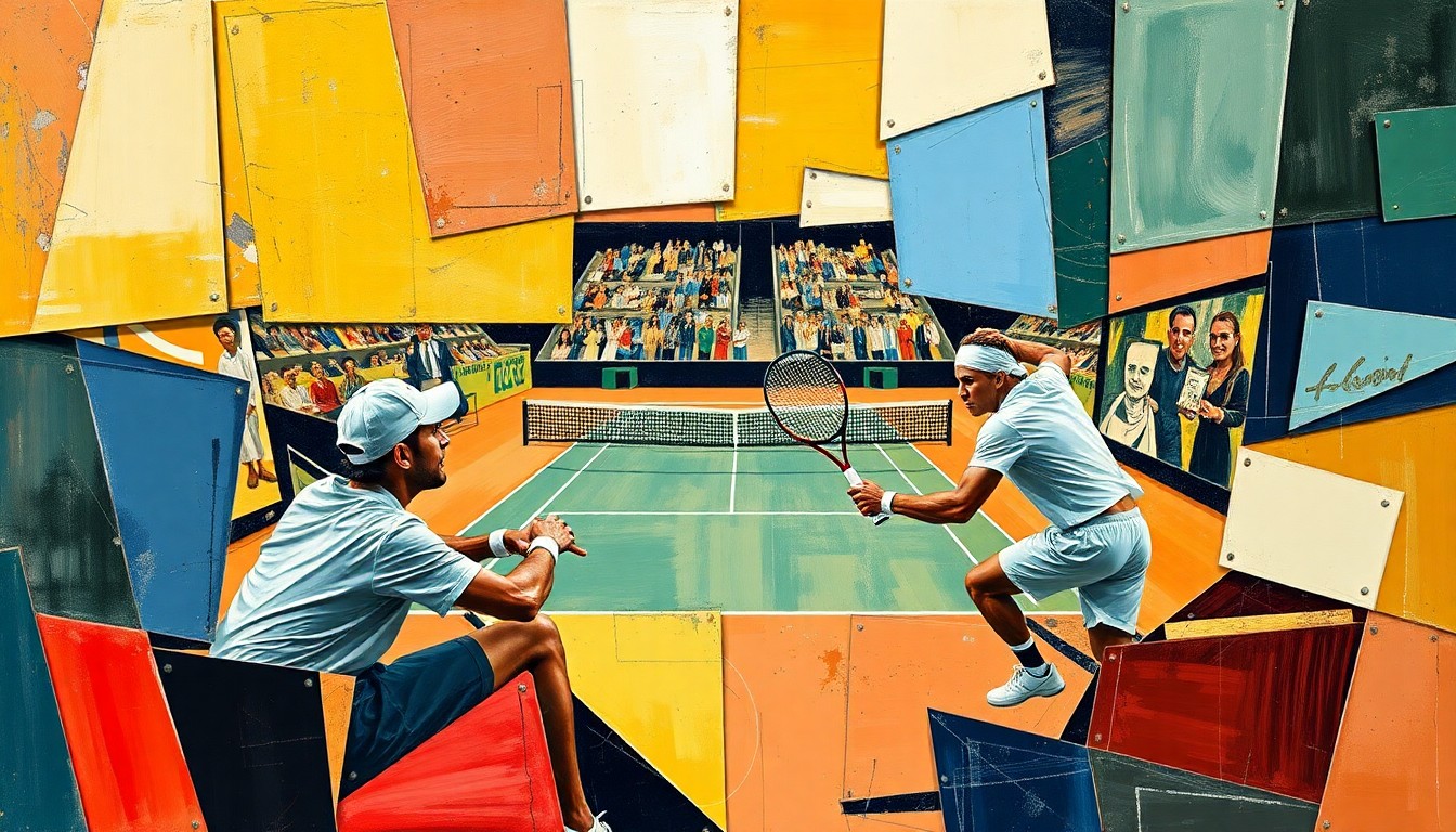 A fragmented, geometric painting depicting a tennis match, with sharp, overlapping planes of color and form representing the dynamic action on the clay court.