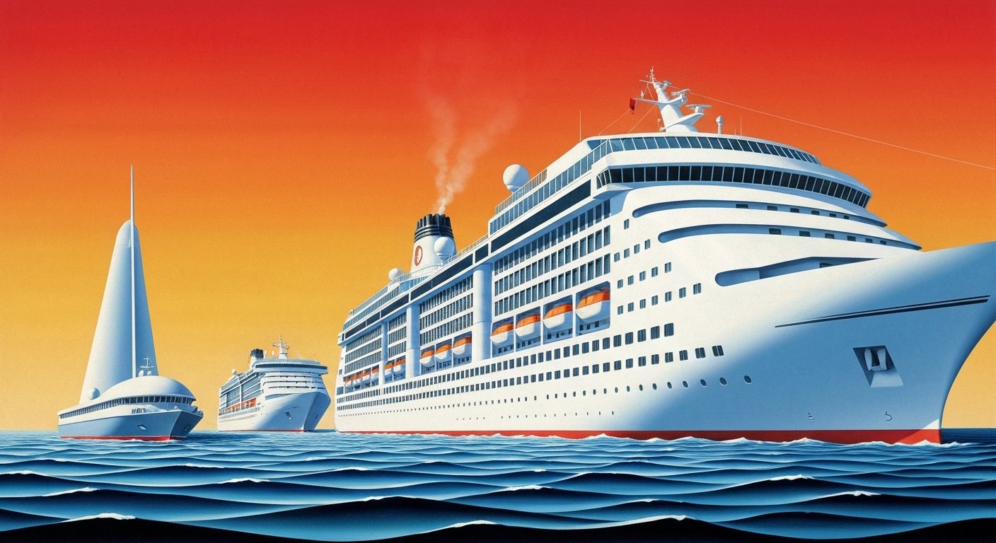 A highly stylized, geometric illustration depicting the towering silhouette of a cruise ship against a gradient sky, conveying the grand scale and romance of modern cruise travel without any literal depiction of people or text.